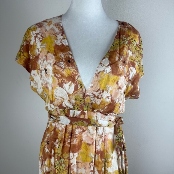 Free People‎ Floral Mini Dress Belted Deep V Neck XS Boho Fall Color - Picture 6 of 11
